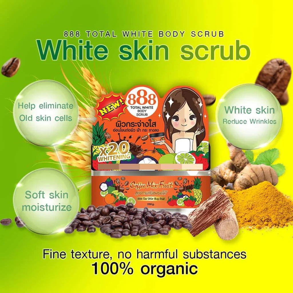 888 Total White Body Scrub – Coffee Mix Fruit (250g) - Image 6