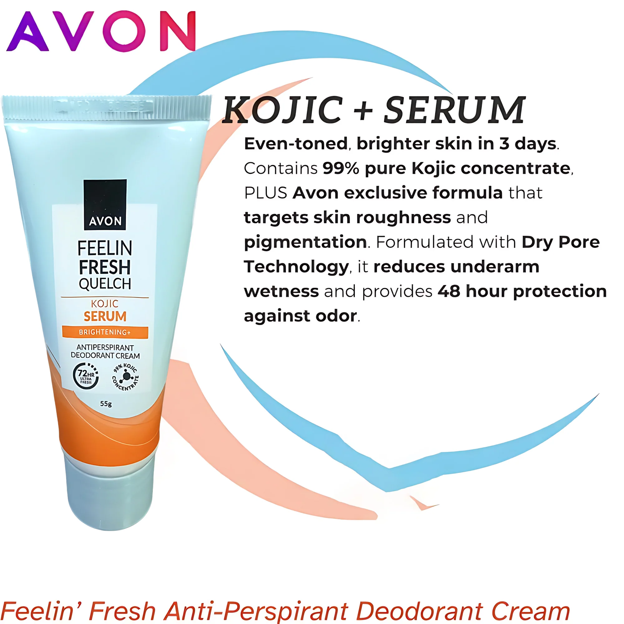 Avon Feelin Fresh Quelch Kojic Serum Antiperspirant Deodorant Cream – 55g (1+1 Offer) - Image 3