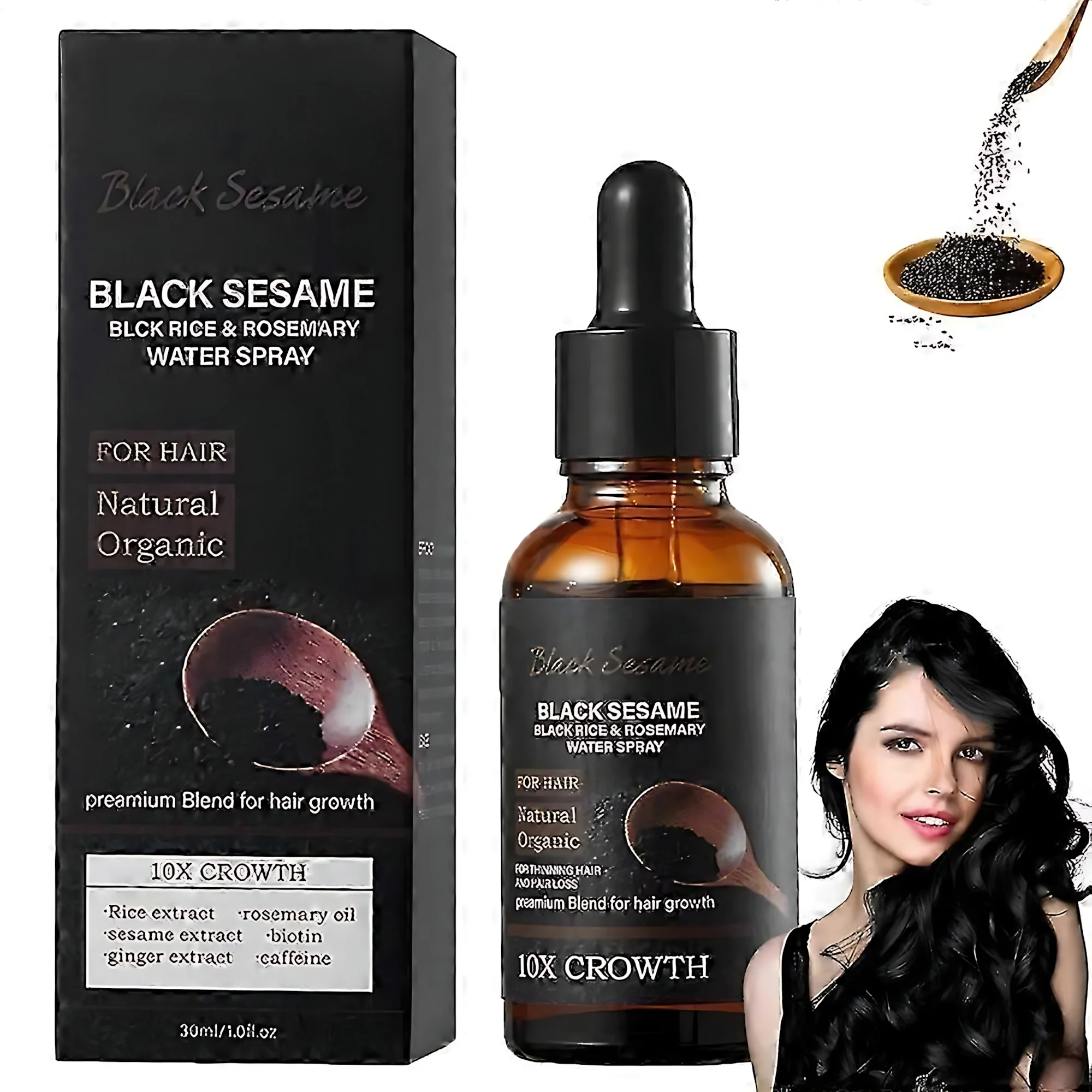 Black Sesame, Black Rice & Rosemary Water Hair Spray – 30ml - Image 4