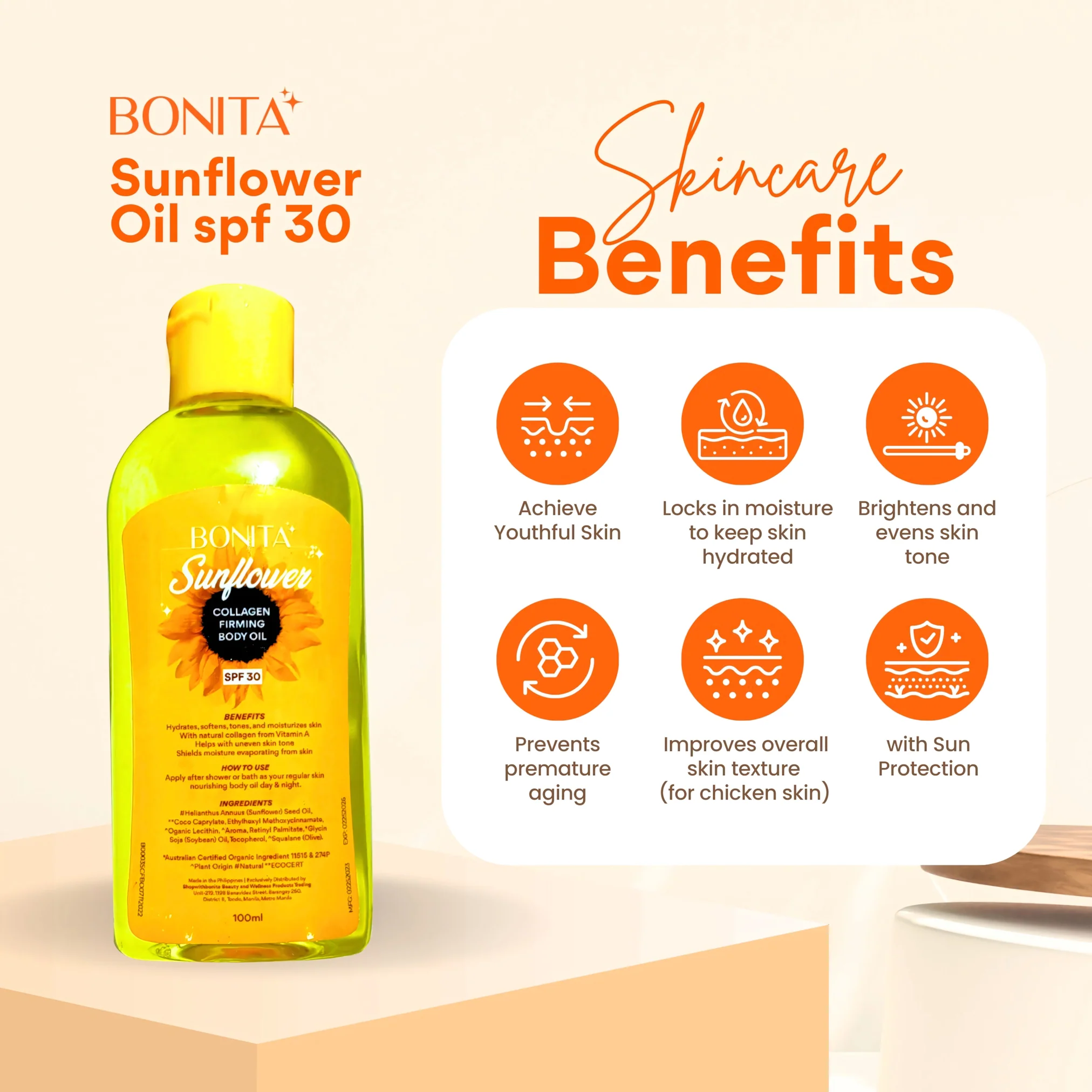 Bonita Sunflower Collagen Firming Body Oil SPF30 – 100ml - Image 2