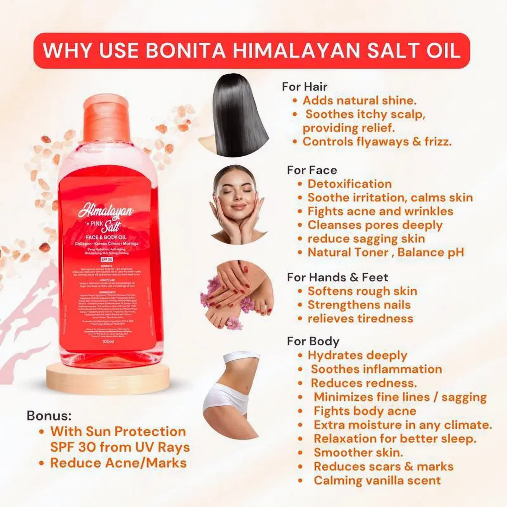 Bonita Himalayan Pink Salt Face & Body Oil with SPF 30 – Multi-Use Nourishing Oil (100ml) - Image 4