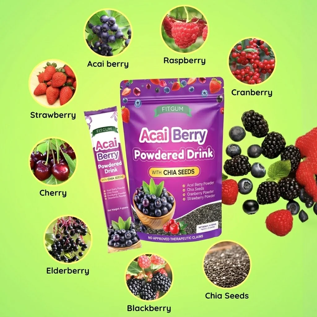 Fitgum Acai Berry Powdered Drink with Chia Seeds – 40g (3 Pcs Combo) - Image 7