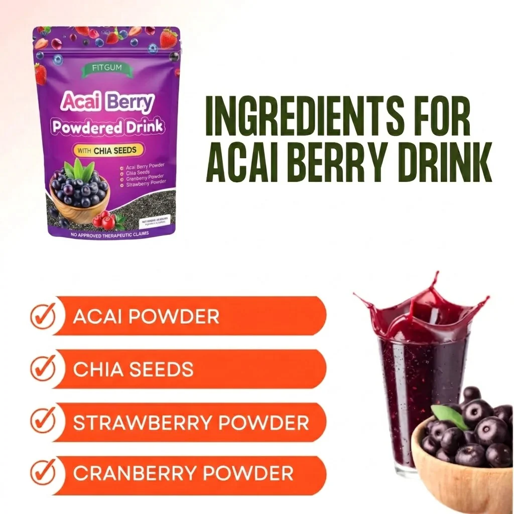 Fitgum Acai Berry Powdered Drink with Chia Seeds – 40g (3 Pcs Combo) - Image 8