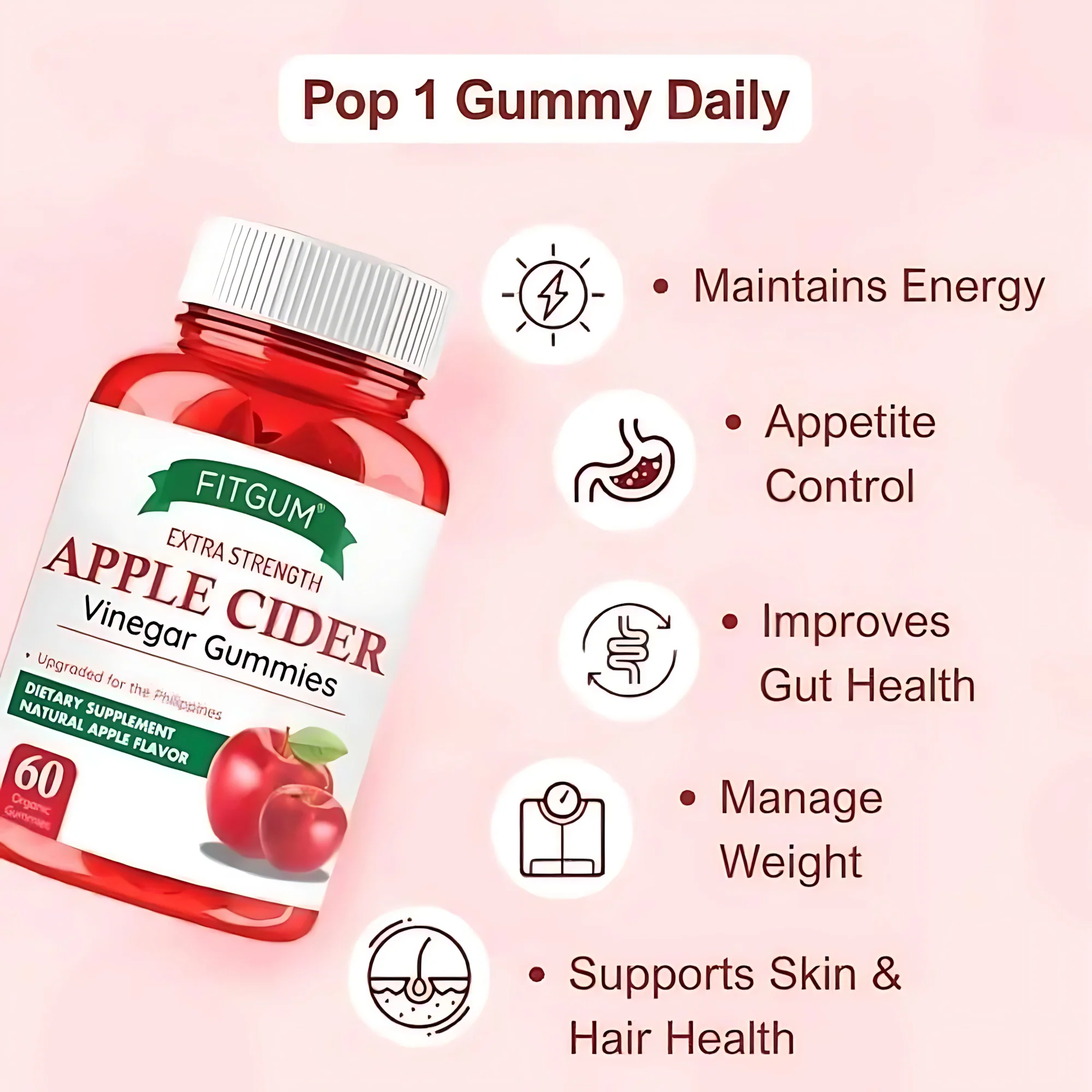 Fitgum Extra Strength Apple Cider Vinegar Gummies – 60 Organic Gummies - Image 6