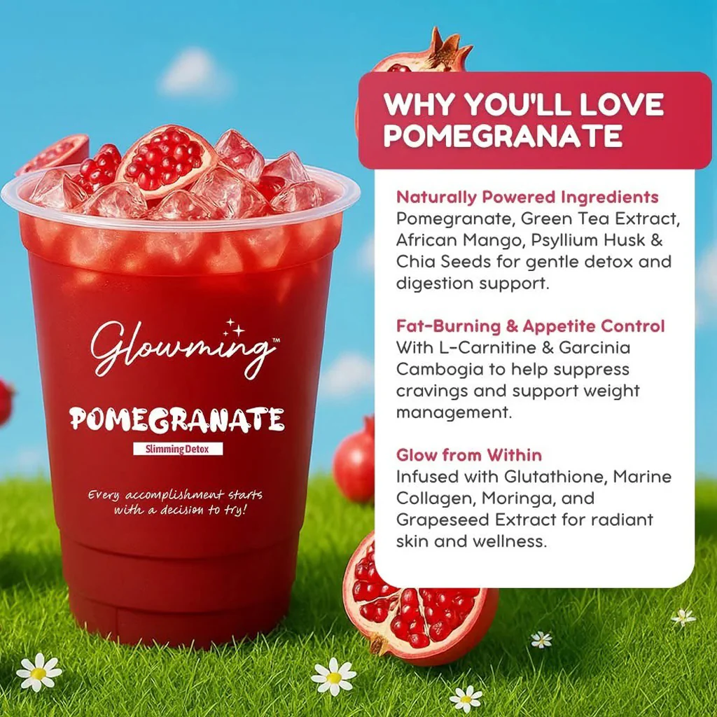 Glowming Pomegranate With Glutathione & Collagen Powder Drink Mix  – 20g x 10 Sachets - Image 2