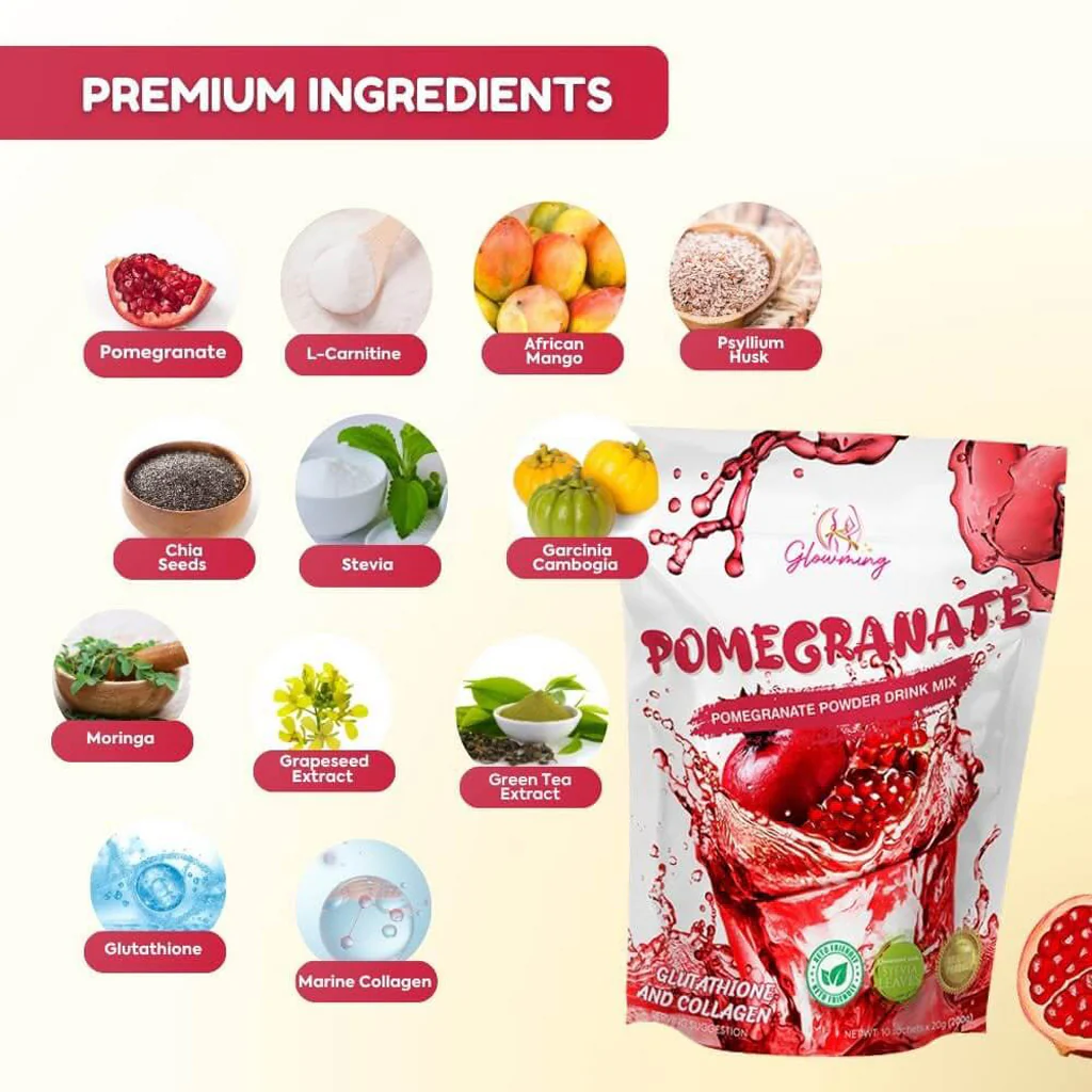 Glowming Pomegranate With Glutathione & Collagen Powder Drink Mix  – 20g x 10 Sachets - Image 8