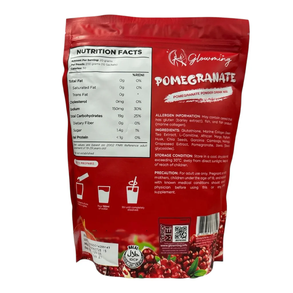 Glowming Pomegranate With Glutathione & Collagen Powder Drink Mix  – 20g x 10 Sachets - Image 9