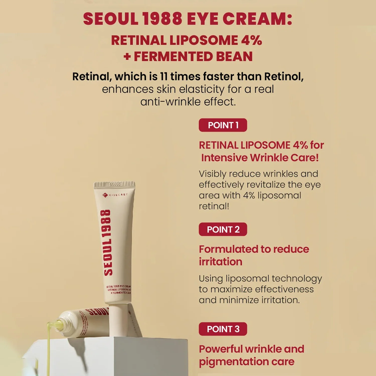 K-SECRET SEOUL 1988 Eye Cream – Retinal Liposome 4% + Fermented Bean – 30ml - Image 3