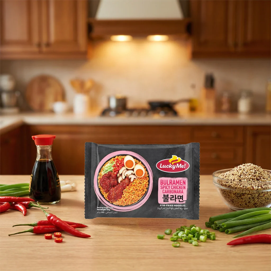 Lucky Me! Bulramen Spicy Chicken Carbonara Stir-Fried Noodles – 60g - Image 4