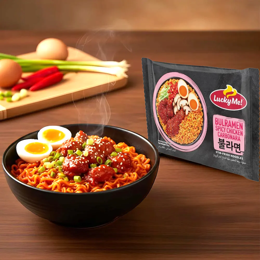 Lucky Me! Bulramen Spicy Chicken Carbonara Stir-Fried Noodles – 60g - Image 5