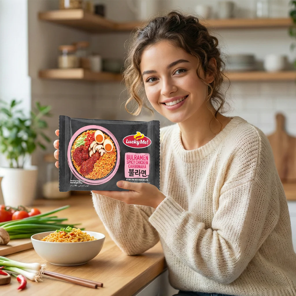 Lucky Me! Bulramen Spicy Chicken Carbonara Stir-Fried Noodles – 60g - Image 6