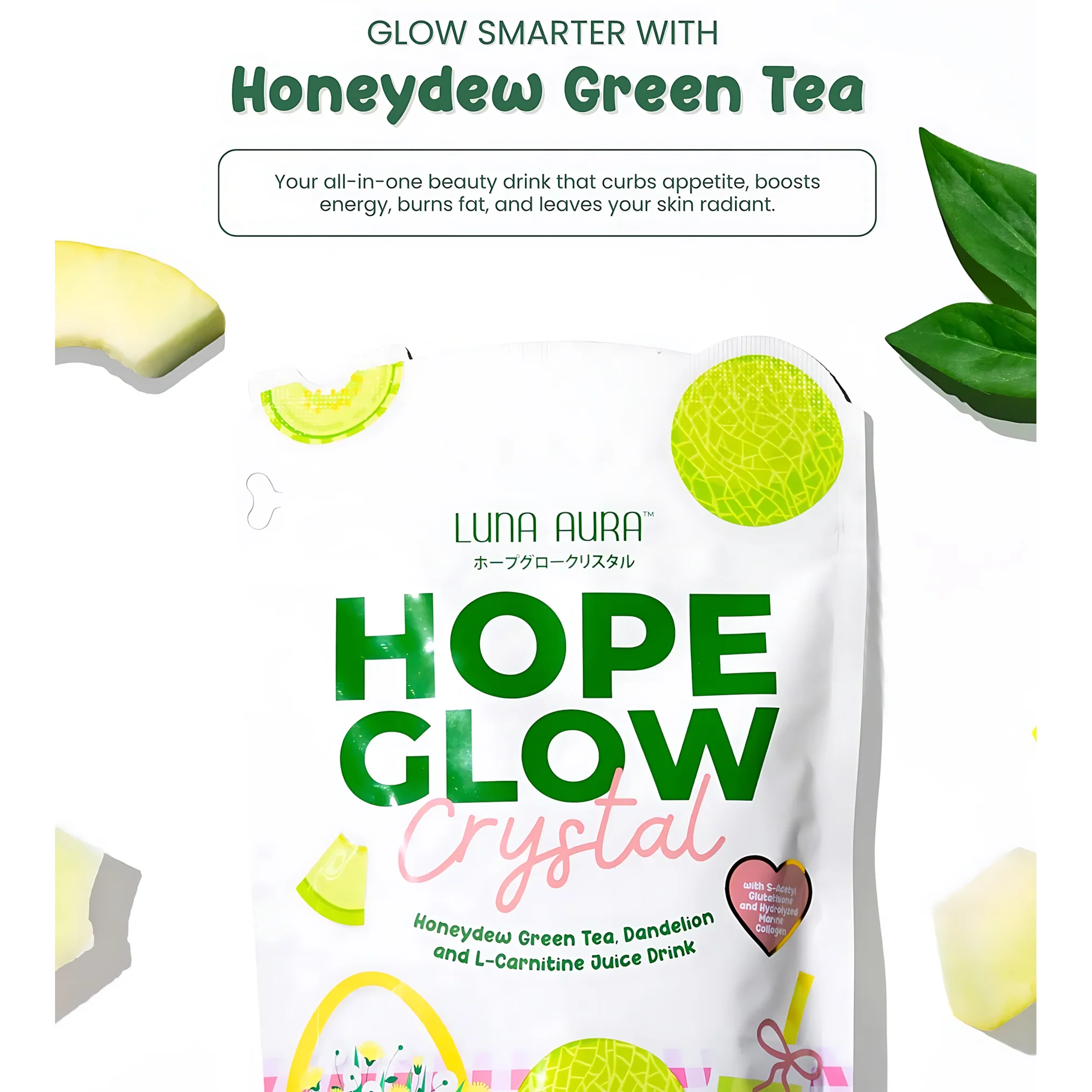 Luna Aura Hope Glow Crystal – Honeydew Green Tea with Dandelion & L-Carnitine (10 Sachets x 18g) - Image 3