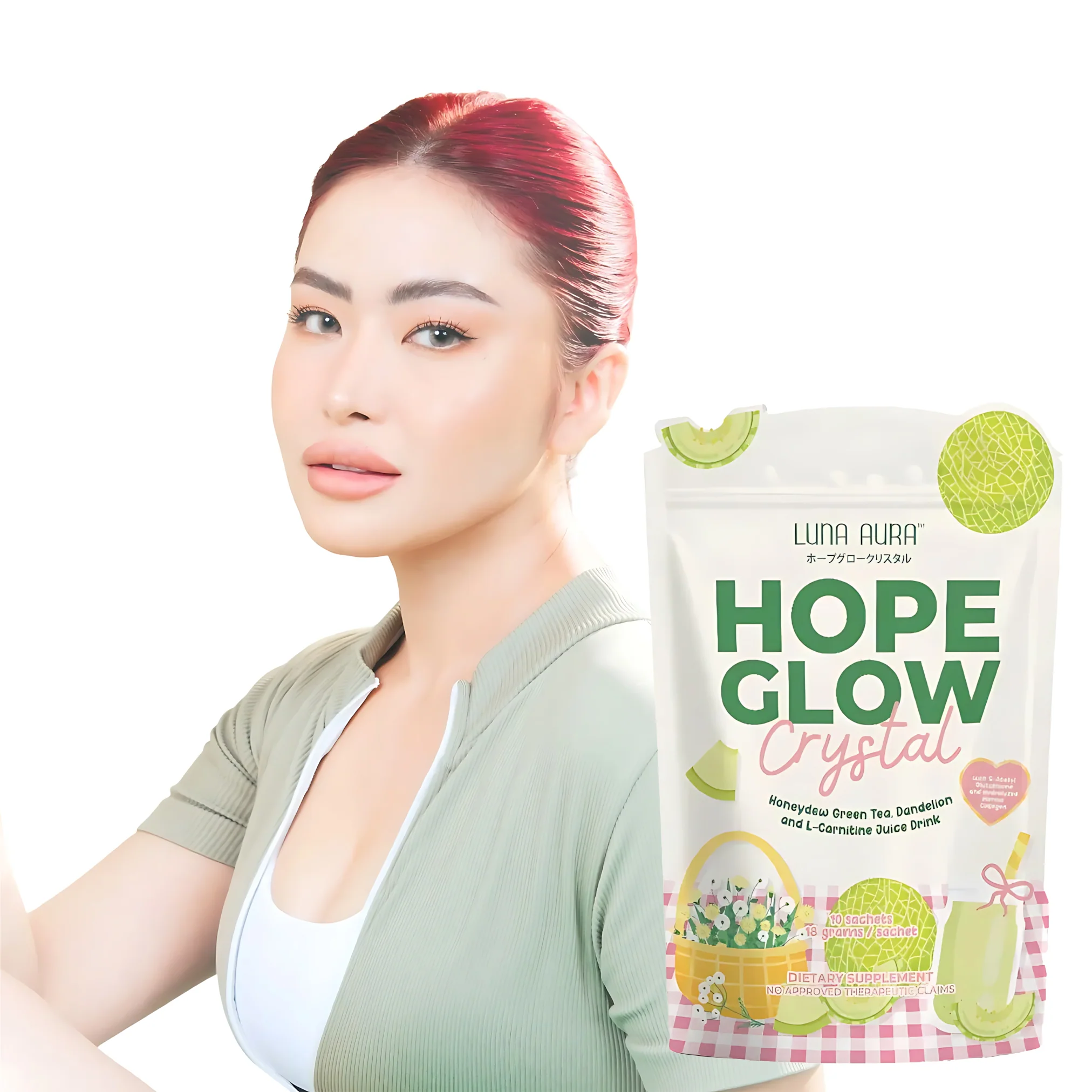 Luna Aura Hope Glow Crystal – Honeydew Green Tea with Dandelion & L-Carnitine (10 Sachets x 18g) - Image 4