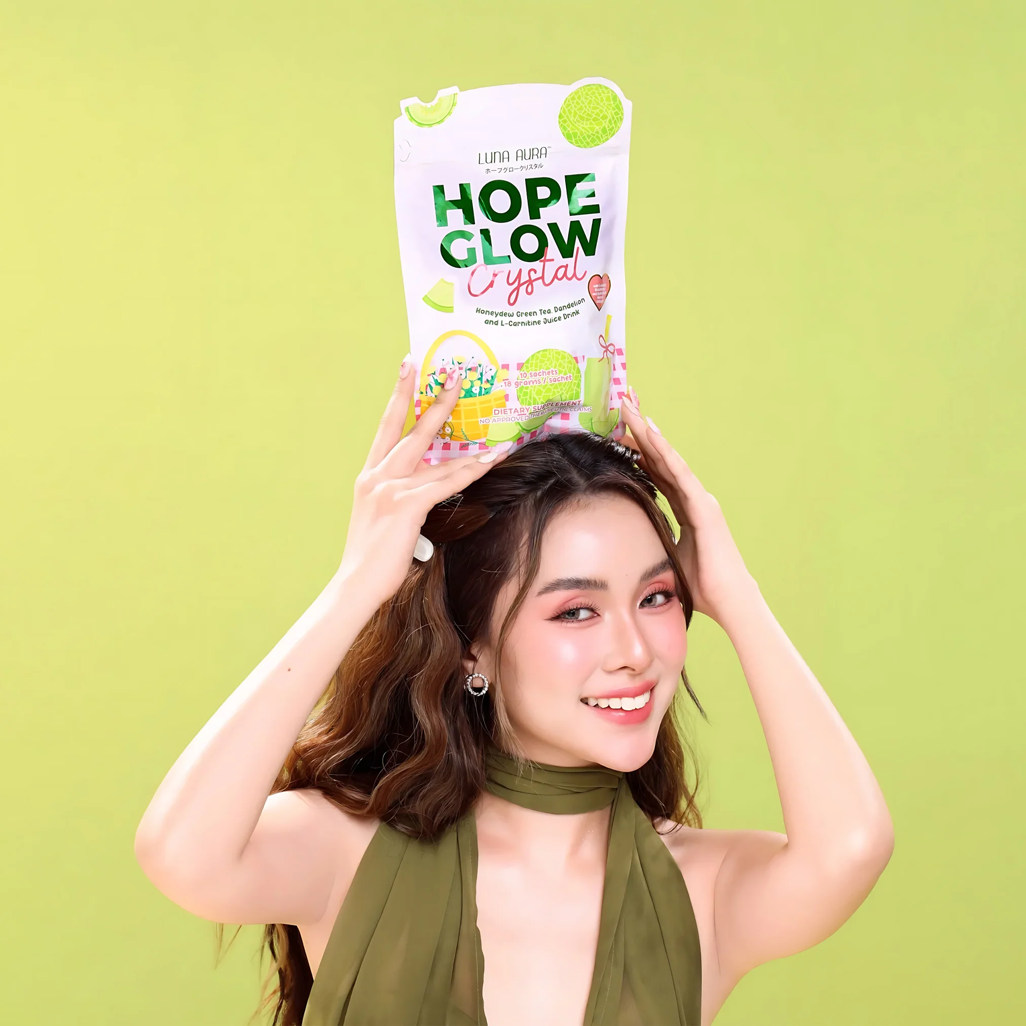 Luna Aura Hope Glow Crystal – Honeydew Green Tea with Dandelion & L-Carnitine (10 Sachets x 18g) - Image 6