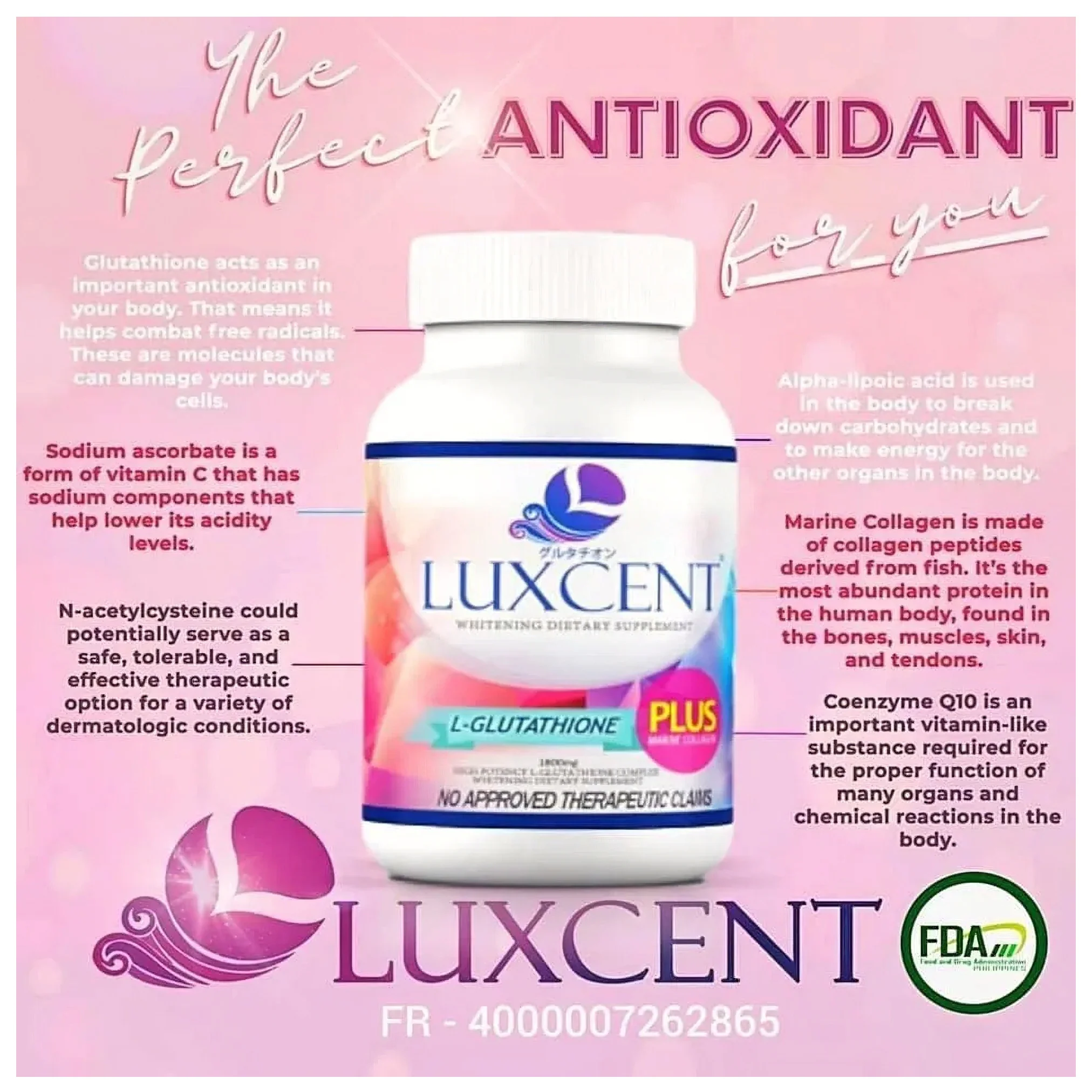 Luxcent L-Glutathione Plus Marine Collagen Luminous Capsules – 1800mg (60 Capsules) - Image 5