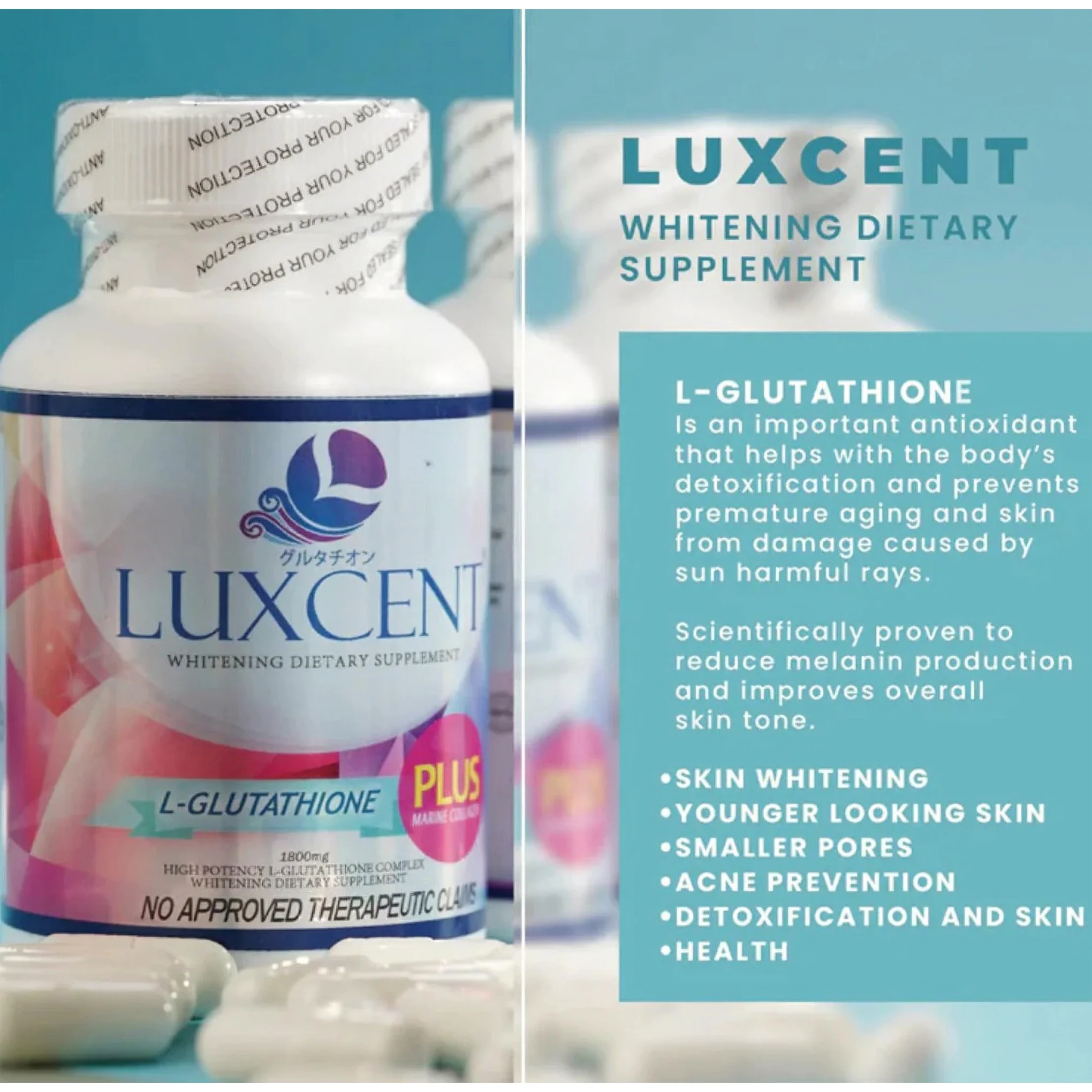 Luxcent L-Glutathione Plus Marine Collagen Luminous Capsules – 1800mg (60 Capsules) - Image 7