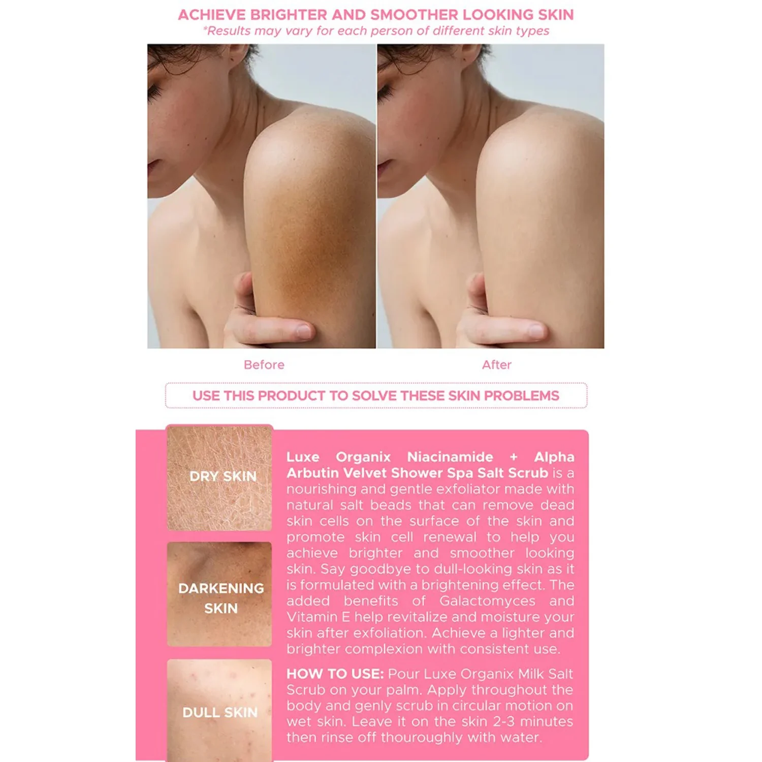 Luxe Organix Niacinamide + Alpha Arbutin Velvet Salt Scrub - 300g - Image 8