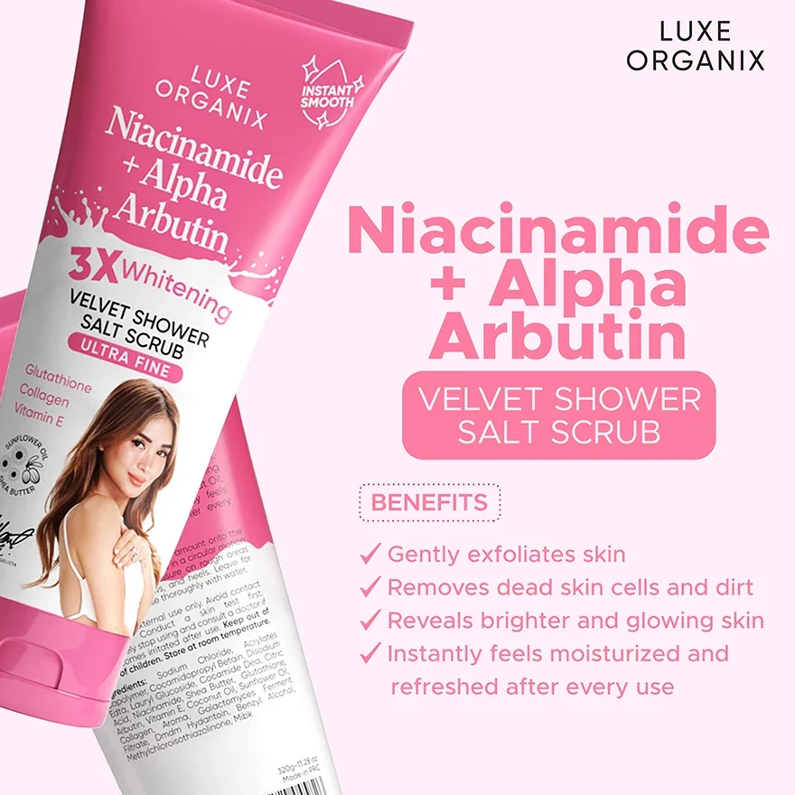 Luxe Organix Niacinamide + Alpha Arbutin Velvet Shower Salt Scrub - 320g - Image 4