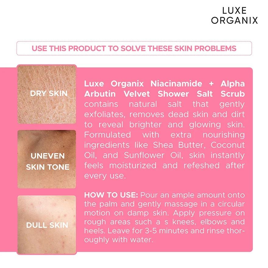 Luxe Organix Niacinamide + Alpha Arbutin Velvet Shower Salt Scrub - 320g - Image 7