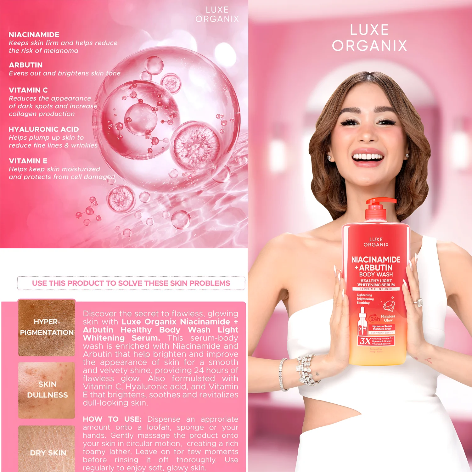 Luxe Organix Niacinamide + Arbutin (Healthy Light Whitening Serum) Body Wash - 1000ml - Image 5