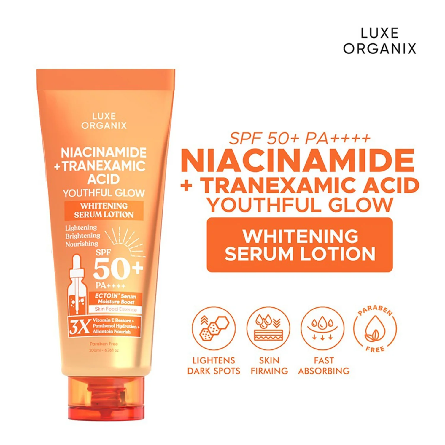 Luxe Organix Niacinamide + Tranexamic Acid Youthful Glow Whitening Serum Lotion SPF 50+ PA++++ – 200ml - Image 3