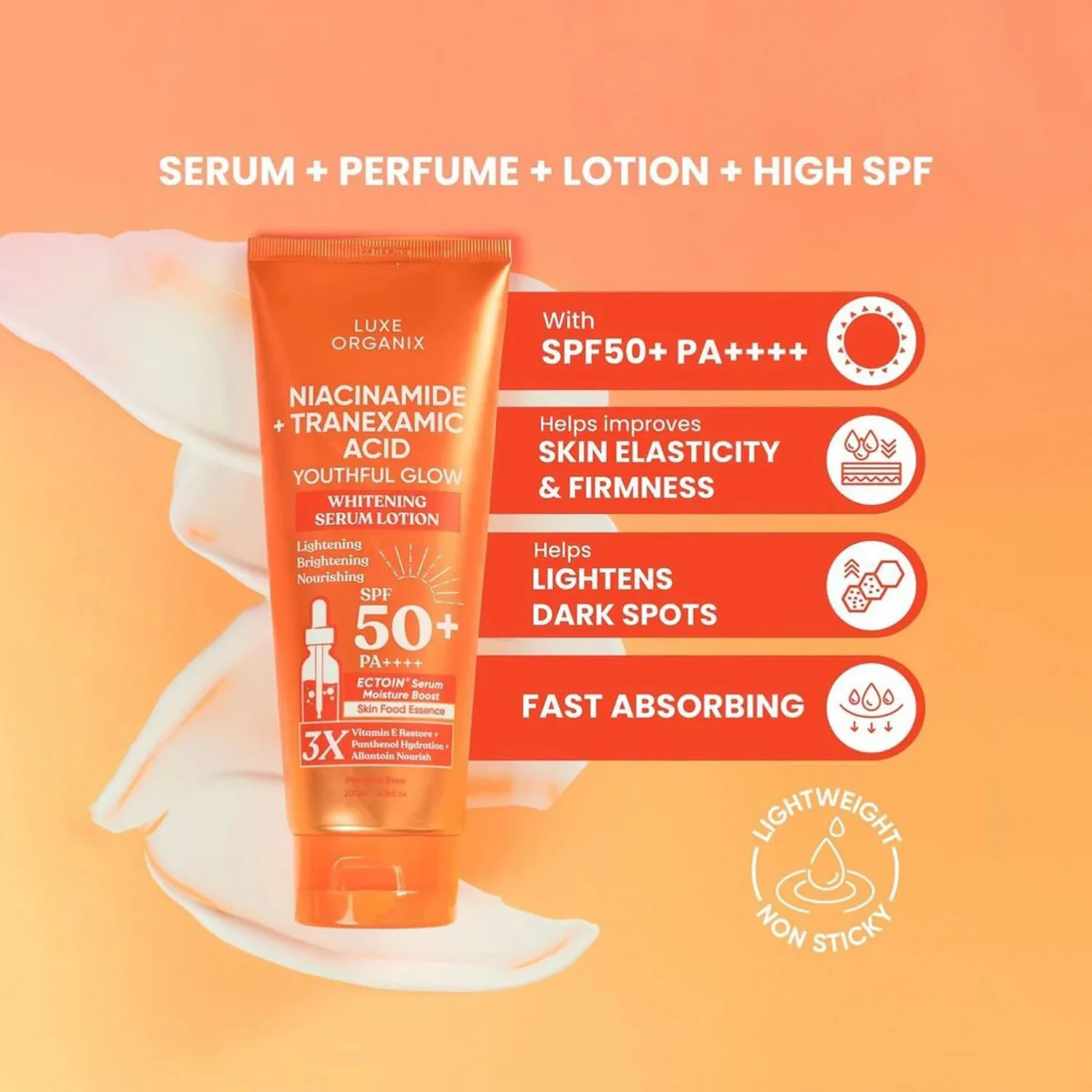 Luxe Organix Niacinamide + Tranexamic Acid Youthful Glow Whitening Serum Lotion SPF 50+ PA++++ – 200ml - Image 5