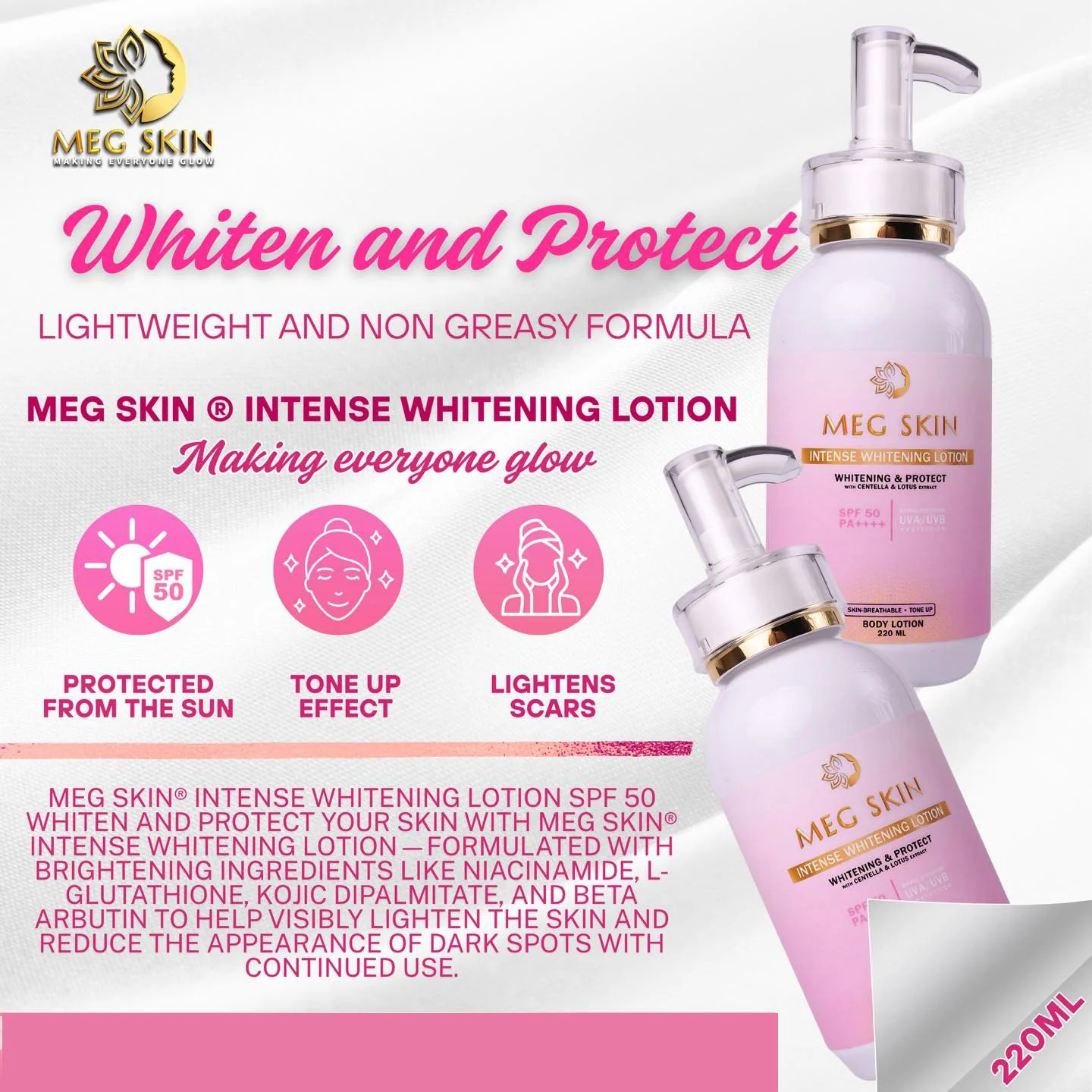 MEG SKIN Intense Brightening Lotion SPF 50 – 220ml - Image 9