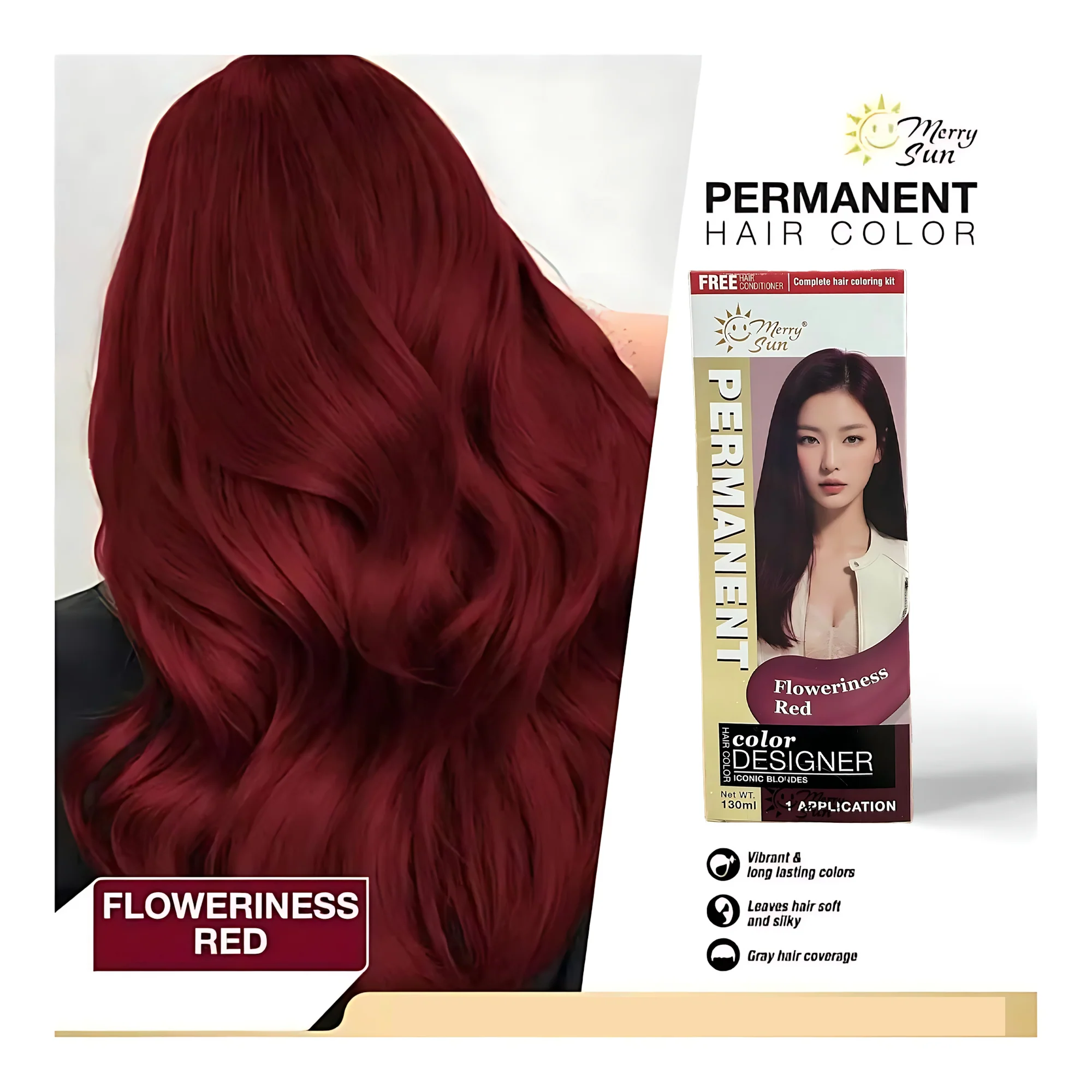 MerrySun Permanent Hair Color – Floweriness Red (Complete Coloring Kit, 130ml) - Image 2