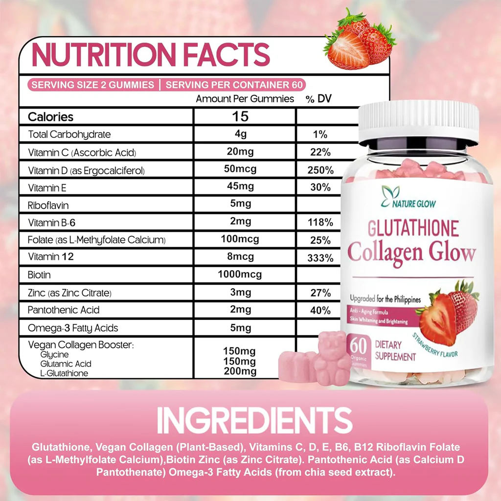 Nature Glow Glutathione Collagen Glow Strawberry Gummies – 3pcs Combo Pack (60 Gummies each) - Image 3