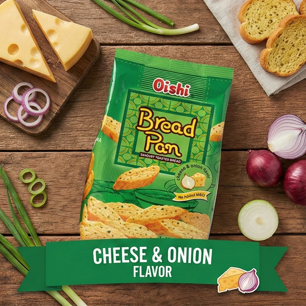 Oishi Bread Pan Toasted Bread Snack Combo – Cheese & Onion + Garlic (2 × 42g Packs) - Image 4