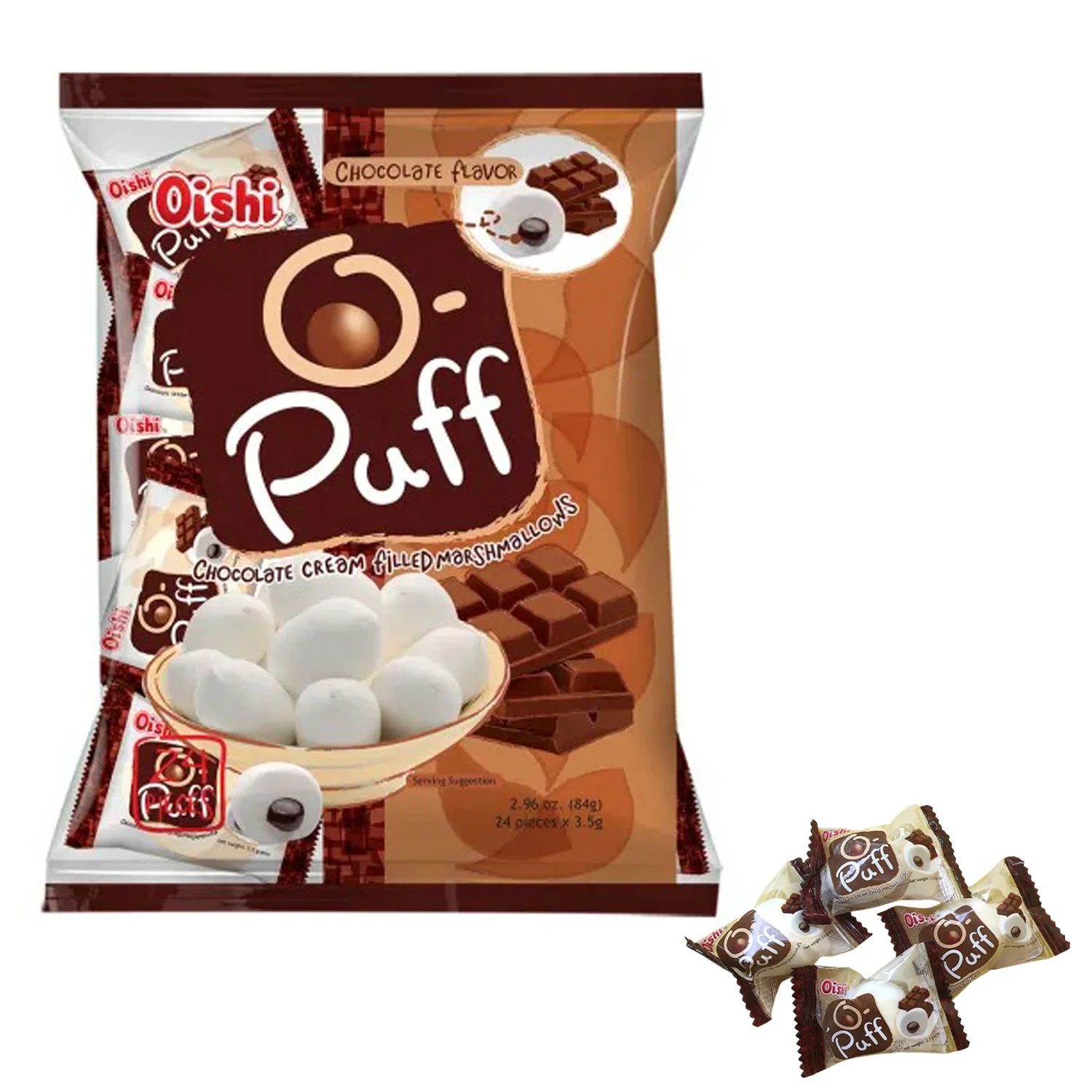 Oishi O-Puff Chocolate Cream Filled Marshmallow (24 x 3.5g – 84g) - Image 3