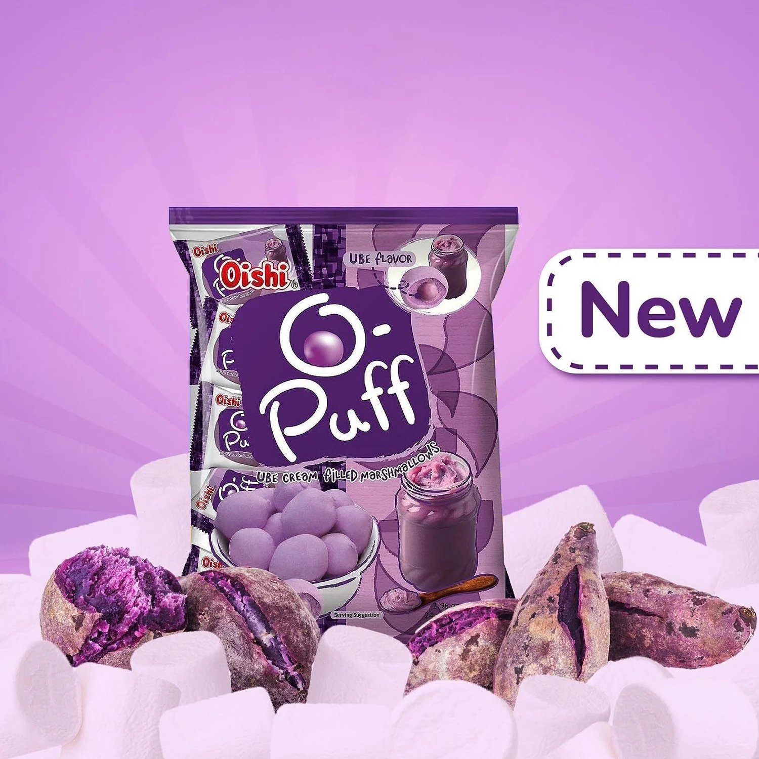 Oishi O-Puff Ube Cream Filled Marshmallow (24 x 3.5g – 84g) - Image 3