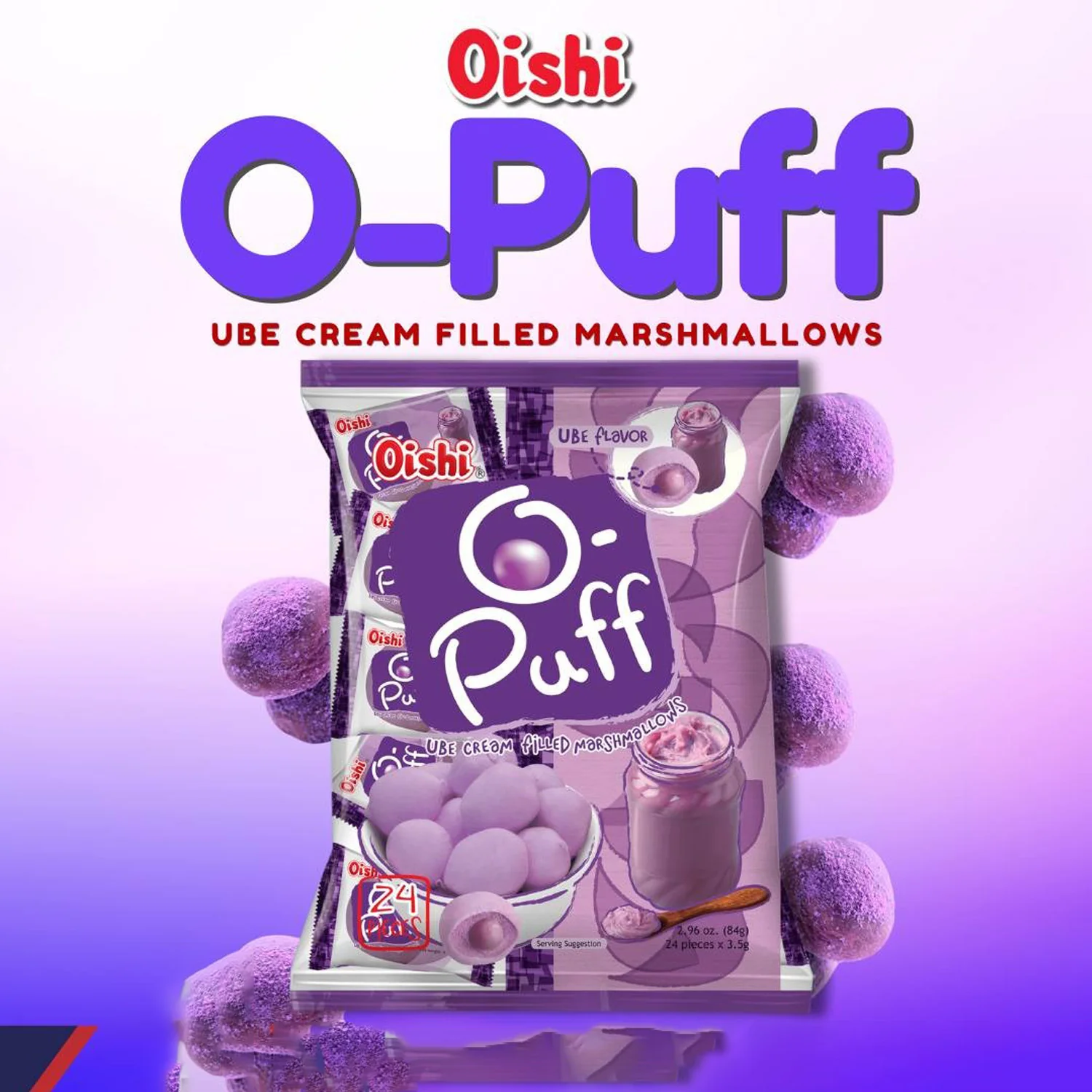 Oishi O-Puff Ube Cream Filled Marshmallow (24 x 3.5g – 84g) - Image 6