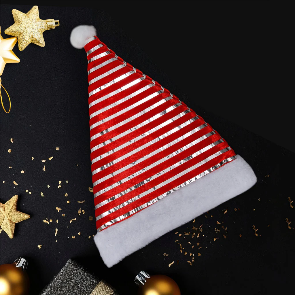 Striped Santa Hat – Red & Silver Plush Christmas Hat - Image 5