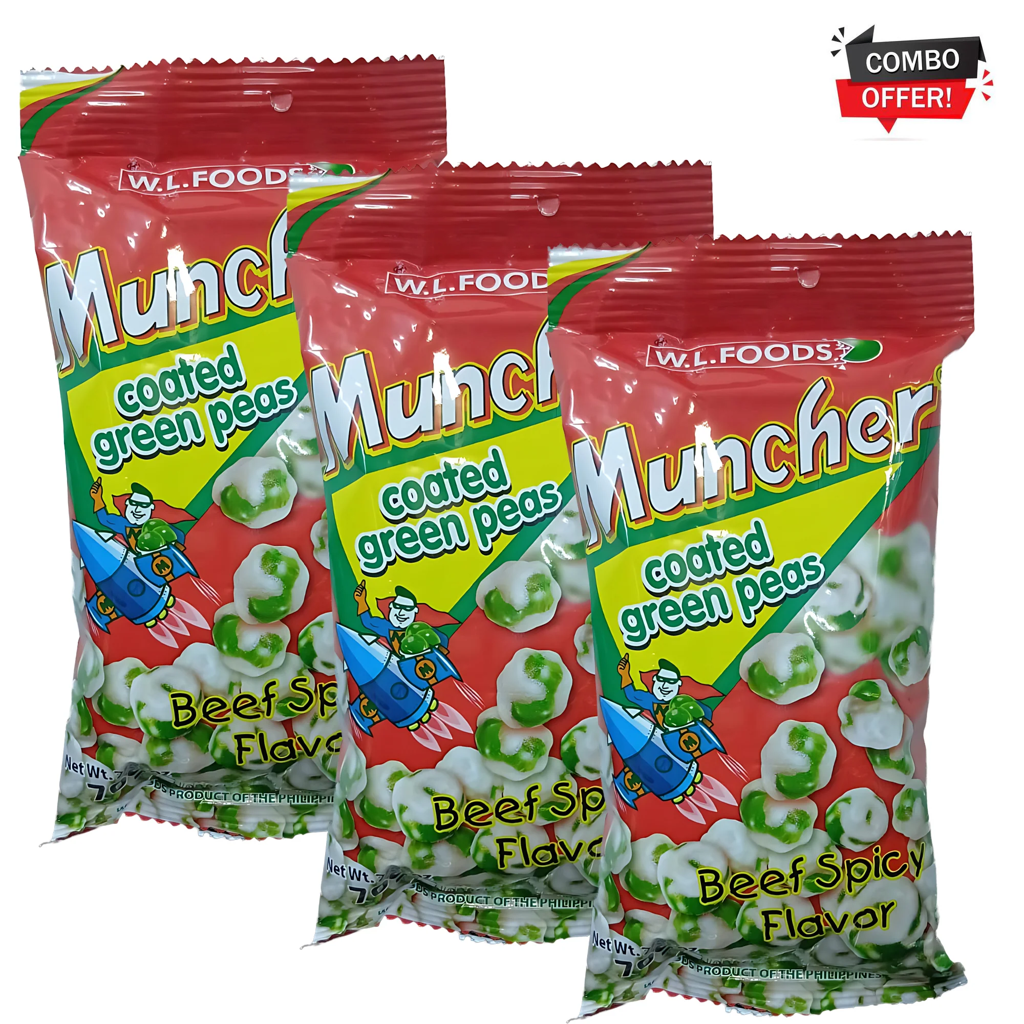 W.L. Foods Muncher Coated Green Peas – Beef Spicy Flavor (70g x 3 Packs) Combo - Image 2